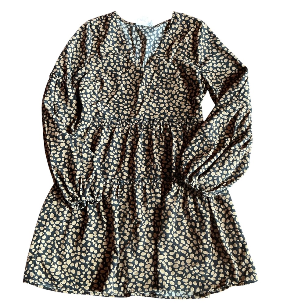 Loveriche Black Tan Spot Tiered Babydoll Mini Dress Long Sleeve Smocked S‎